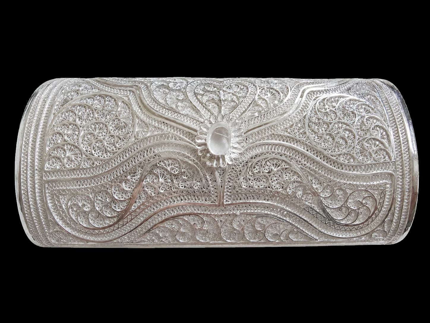 Rectangular silver filigree clutch with floral scrollwork
